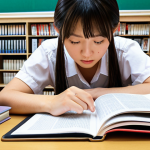 **

A determined student studying Japanese vocabulary and grammar, surrounded by JLPT textbooks and practice tests. The background shows a glimpse of a modern Japanese university campus, symbolizing their future goal. Focus on conveying a sense of dedication and academic ambition.

**