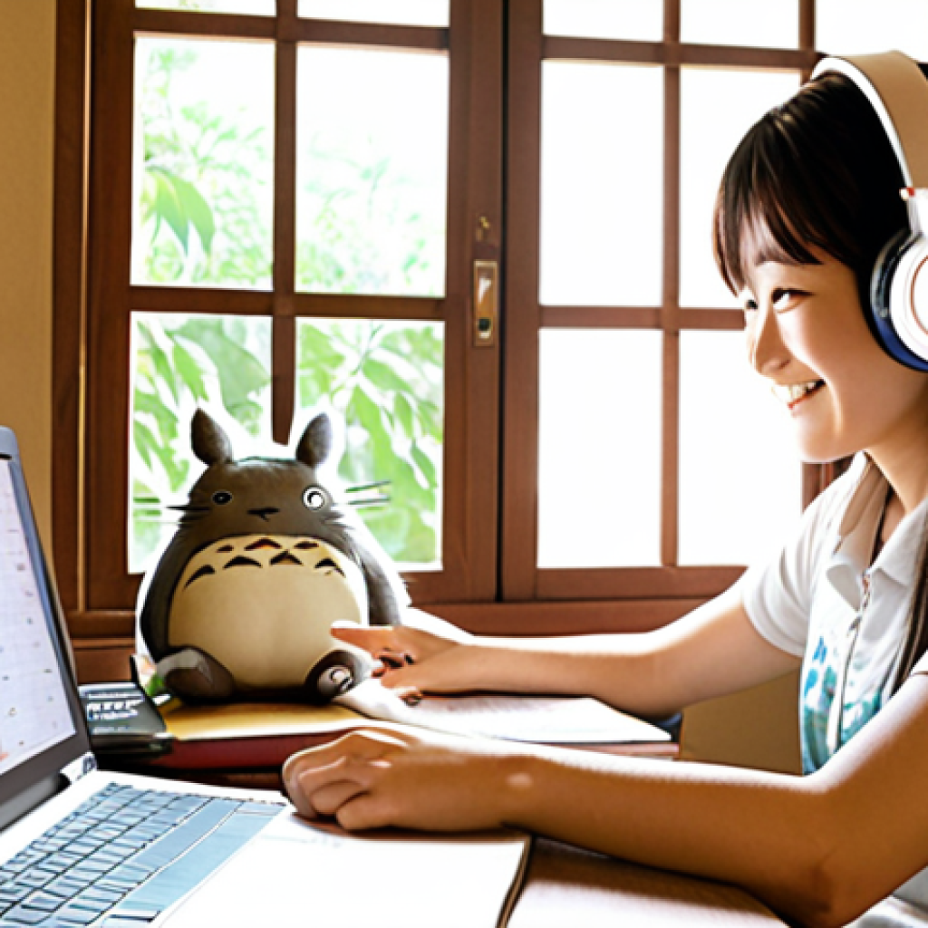 **

A determined young woman sitting at a desk piled high with Japanese textbooks and JLPT practice exams. Sunlight streams through a window. She's smiling slightly, wearing headphones and listening to a Japanese language lesson on her laptop. In the background, a poster of "My Neighbor Totoro" is visible. The overall feeling is one of focused study and a love for Japanese culture.

**