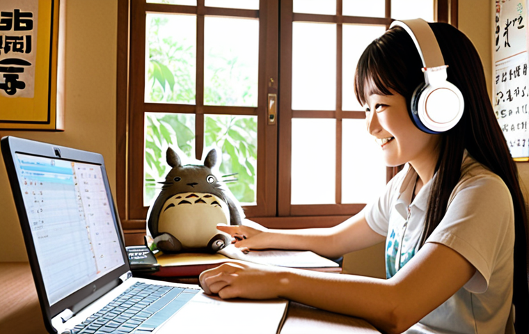 **

A determined young woman sitting at a desk piled high with Japanese textbooks and JLPT practice exams. Sunlight streams through a window. She's smiling slightly, wearing headphones and listening to a Japanese language lesson on her laptop. In the background, a poster of "My Neighbor Totoro" is visible. The overall feeling is one of focused study and a love for Japanese culture.

**