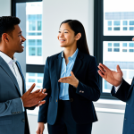 A diverse group of professional business individuals collaborating in a modern, sunlit global business office. One individual, clearly communicating and bridging cultural gaps, stands central, fostering mutual understanding. All subjects are fully clothed in modest business suits and appropriate attire. The scene emphasizes seamless cross-cultural communication and the power of language as a key to international success. Perfect anatomy, correct proportions, natural poses, well-formed hands, proper finger count, natural body proportions, professional photography, high quality, safe for work, appropriate content, fully clothed, professional, family-friendly.