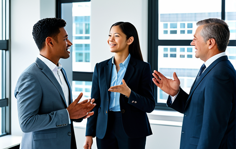 A diverse group of professional business individuals collaborating in a modern, sunlit global business office. One individual, clearly communicating and bridging cultural gaps, stands central, fostering mutual understanding. All subjects are fully clothed in modest business suits and appropriate attire. The scene emphasizes seamless cross-cultural communication and the power of language as a key to international success. Perfect anatomy, correct proportions, natural poses, well-formed hands, proper finger count, natural body proportions, professional photography, high quality, safe for work, appropriate content, fully clothed, professional, family-friendly.