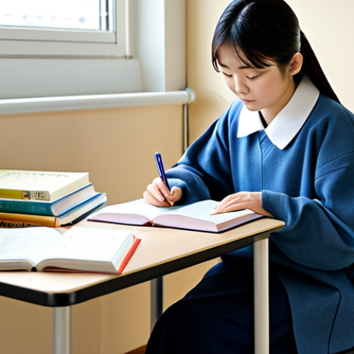 Studying for the JLPT**

A student, wearing comfortable but modest clothing, studying diligently at a desk with JLPT textbooks and practice exams. The setting is a bright and organized study space with a calendar marking the test date. Soft, natural lighting. Focus on concentration and determination. safe for work, appropriate content, fully clothed, professional quality, perfect anatomy, natural proportions. family-friendly.

**