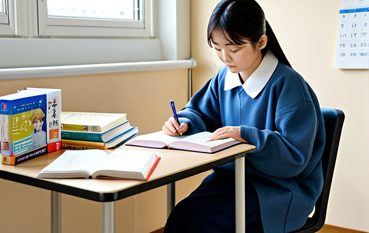 Studying for the JLPT**

A student, wearing comfortable but modest clothing, studying diligently at a desk with JLPT textbooks and practice exams. The setting is a bright and organized study space with a calendar marking the test date. Soft, natural lighting. Focus on concentration and determination. safe for work, appropriate content, fully clothed, professional quality, perfect anatomy, natural proportions. family-friendly.

**
