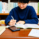 **

A student, fully clothed in casual but modest clothing, is happily studying Japanese vocabulary with flashcards at a bright, organized desk. The desk features textbooks, a notebook, and a smartphone displaying a Japanese learning app. The background is a cozy room with bookshelves. Perfect anatomy, correct proportions, natural pose, well-formed hands, proper finger count, safe for work, appropriate content, fully clothed, professional, family-friendly, high quality, natural lighting.

**