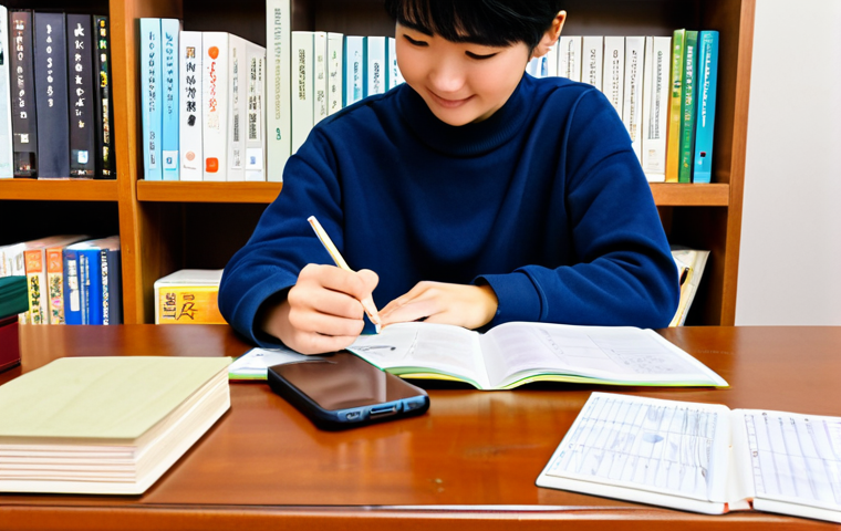 **

A student, fully clothed in casual but modest clothing, is happily studying Japanese vocabulary with flashcards at a bright, organized desk. The desk features textbooks, a notebook, and a smartphone displaying a Japanese learning app. The background is a cozy room with bookshelves. Perfect anatomy, correct proportions, natural pose, well-formed hands, proper finger count, safe for work, appropriate content, fully clothed, professional, family-friendly, high quality, natural lighting.

**