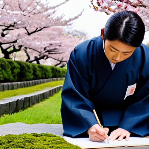 **

"A student fully clothed in modest attire, studying Japanese calligraphy with a calligraphy brush in hand, writing on traditional paper in a peaceful Japanese garden setting, cherry blossoms in the background, safe for work, appropriate content, professional, perfect anatomy, correct proportions, natural pose, well-formed hands, proper finger count, natural body proportions, high quality, learning Japanese."

**