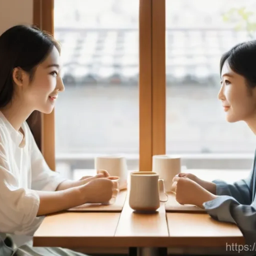 JLPT와 일본어 고급 학습 자료 - **Prompt:** A serene and subtly lit modern Japanese cafe interior. Two young adult Japanese women ar...