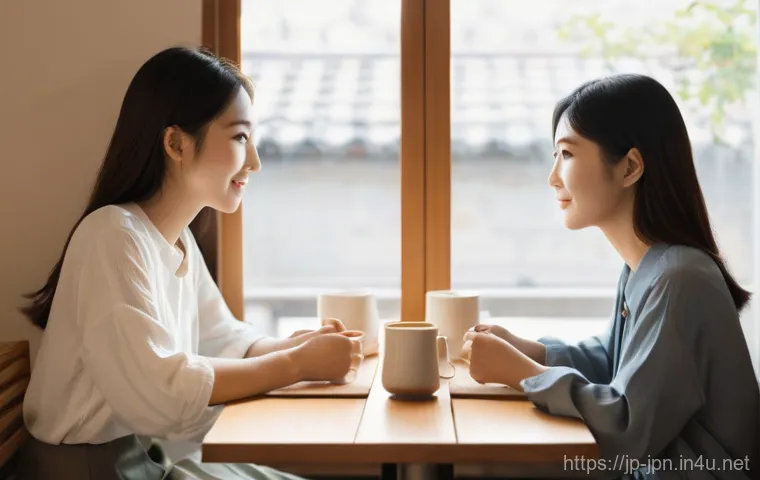 JLPT와 일본어 고급 학습 자료 - **Prompt:** A serene and subtly lit modern Japanese cafe interior. Two young adult Japanese women ar...
