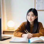 JLPT N2 취득 후 일본 취업 성공 스토리 - A focused and determined young female student, in her early 20s, with a hopeful expression, sits at ...