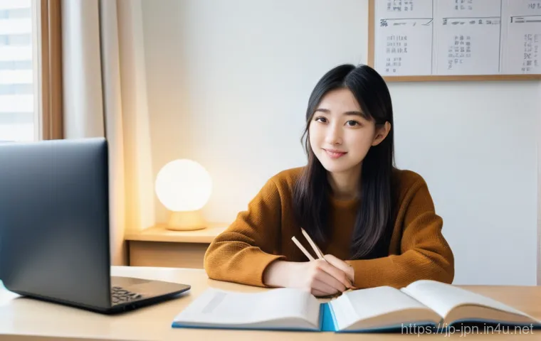 JLPT N2 취득 후 일본 취업 성공 스토리 - A focused and determined young female student, in her early 20s, with a hopeful expression, sits at ...