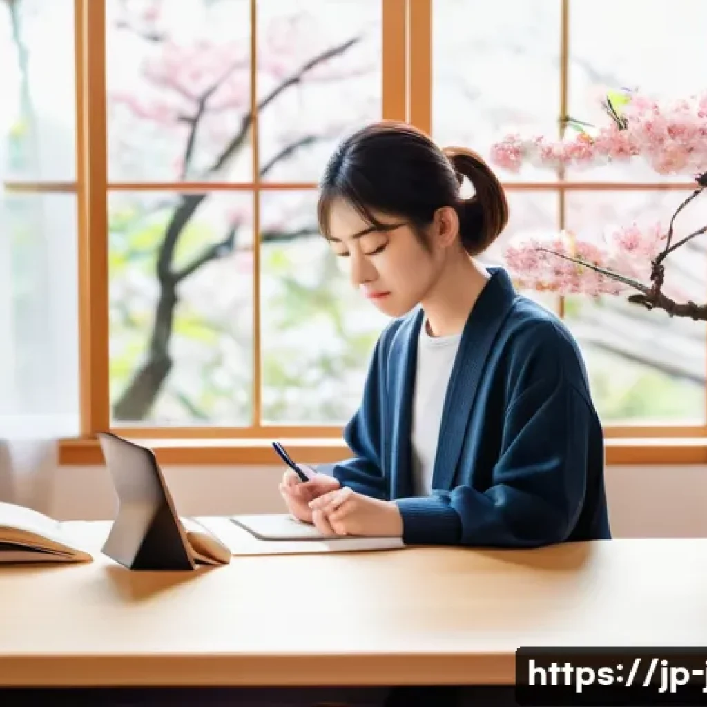 JLPT 합격률 분석 및 통계 - A modern Japanese study room scene with a young adult sitting at a clean wooden desk, surrounded by ...