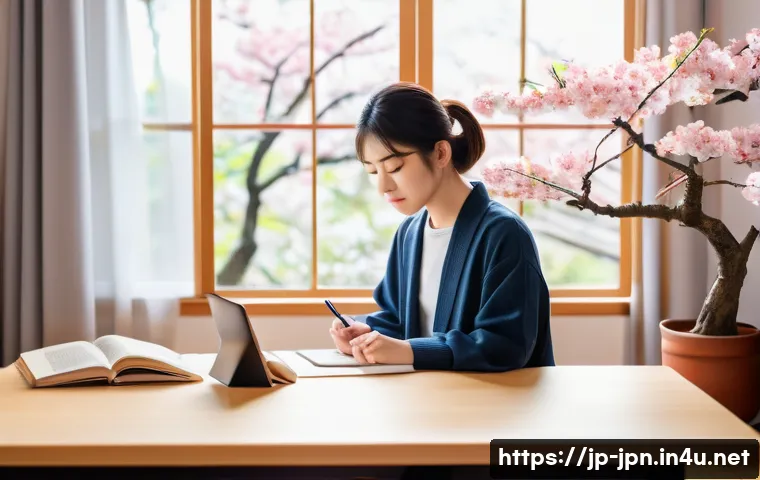JLPT 합격률 분석 및 통계 - A modern Japanese study room scene with a young adult sitting at a clean wooden desk, surrounded by ...