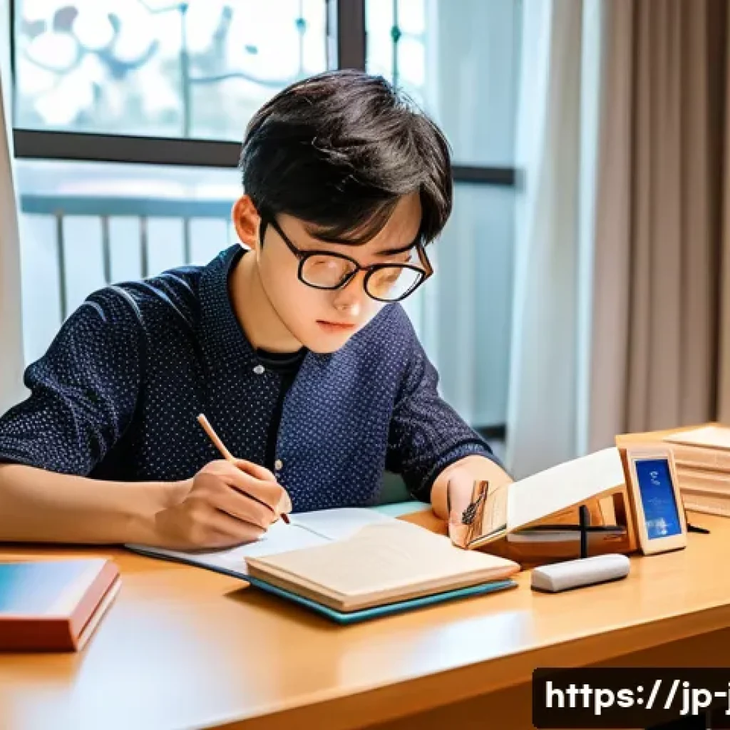JLPT와 일본어 학습 경험 공유 - A focused Japanese language learner studying vocabulary efficiently at a tidy desk, surrounded by JL...