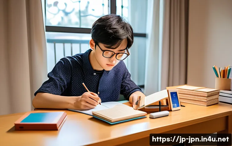 JLPT와 일본어 학습 경험 공유 - A focused Japanese language learner studying vocabulary efficiently at a tidy desk, surrounded by JL...