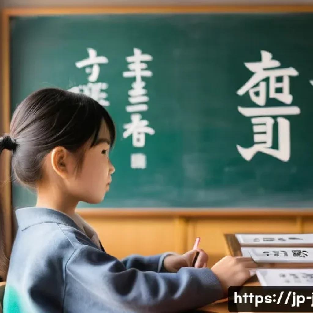 JLPT 일본어 한자 암기 노하우 - A modern Japanese classroom scene focused on a young student studying kanji characters, surrounded b...