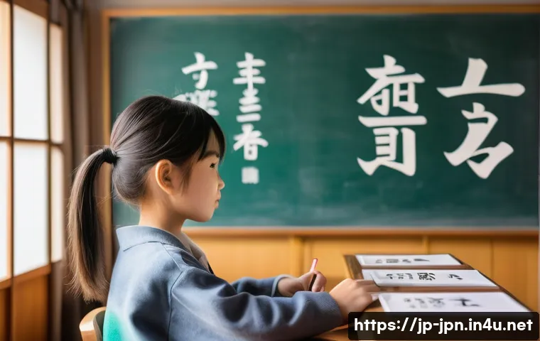 JLPT 일본어 한자 암기 노하우 - A modern Japanese classroom scene focused on a young student studying kanji characters, surrounded b...