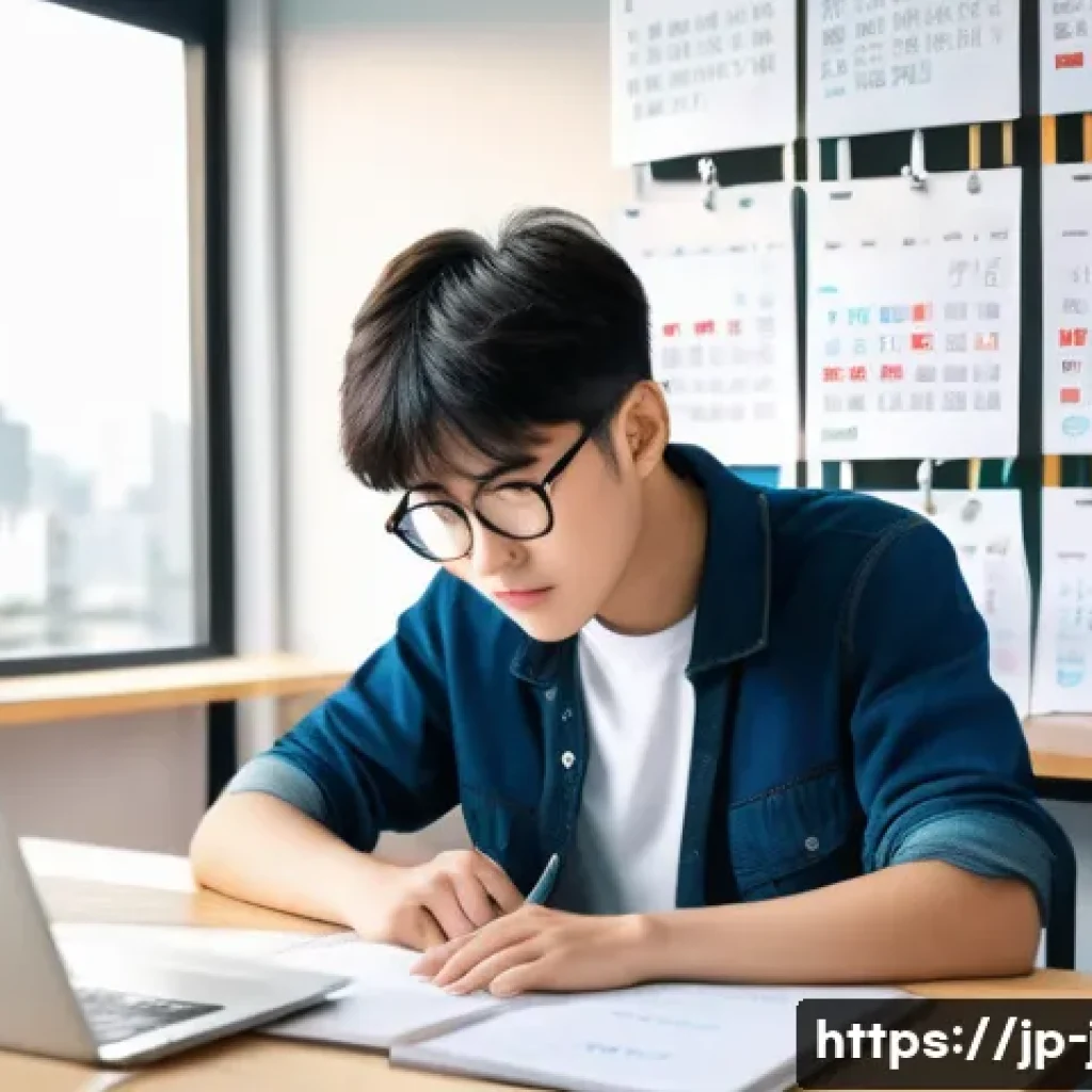 JLPT 시험과 일본 취업시장 전망 - A diligent young Japanese learner sitting at a modern study desk in a bright room, surrounded by Jap...
