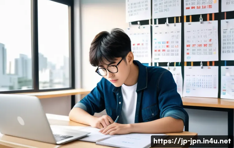 JLPT 시험과 일본 취업시장 전망 - A diligent young Japanese learner sitting at a modern study desk in a bright room, surrounded by Jap...