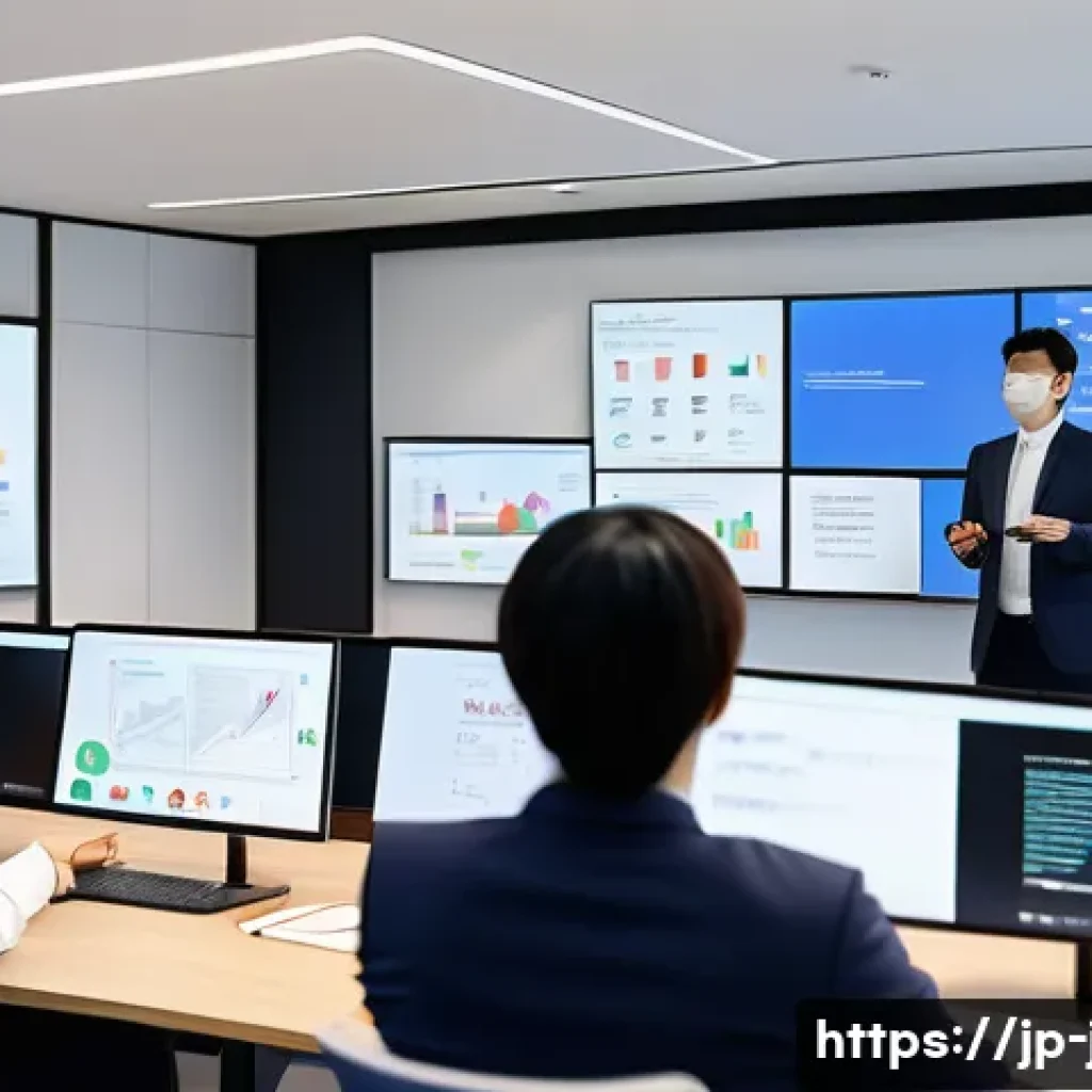 JLPT와 일본 내 직무 연계 교육 프로그램 - A modern Japanese office environment with diverse business professionals engaged in a hybrid learnin...