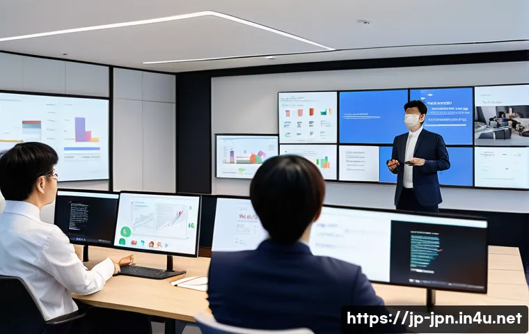 JLPT와 일본 내 직무 연계 교육 프로그램 - A modern Japanese office environment with diverse business professionals engaged in a hybrid learnin...