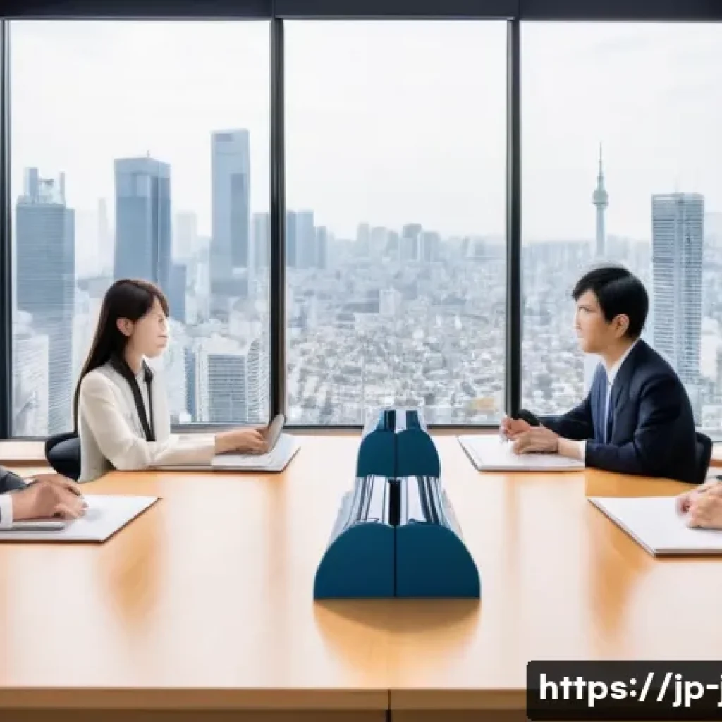 JLPT와 비즈니스 일본어 차이점 - A modern Japanese office scene showing a professional business meeting between Japanese colleagues. ...