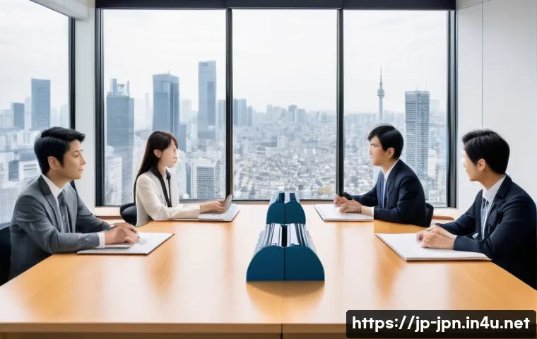 JLPT와 비즈니스 일본어 차이점 - A modern Japanese office scene showing a professional business meeting between Japanese colleagues. ...