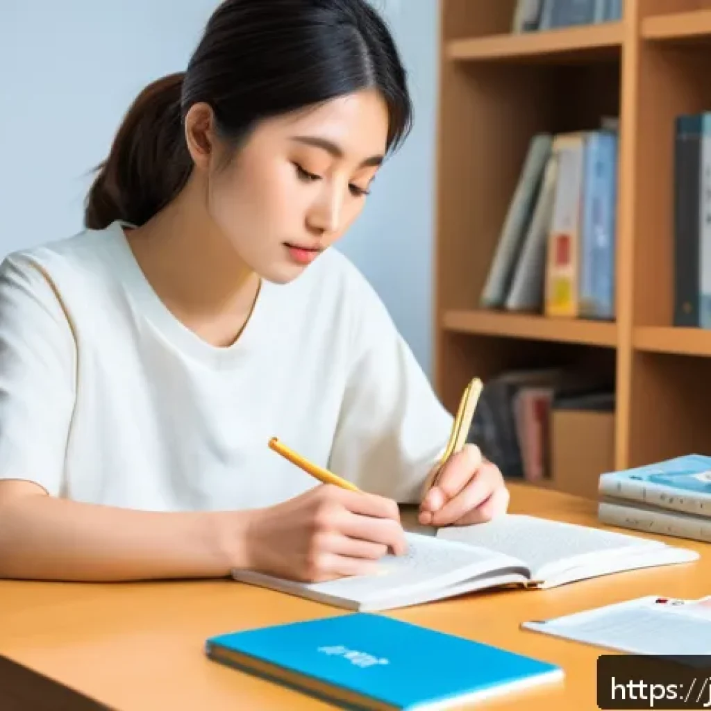 JLPT 시험 응시자가 자주 묻는 질문들 - A focused young Japanese adult studying Japanese vocabulary at a cozy modern desk, surrounded by JLP...