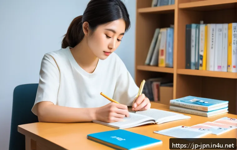 JLPT 시험 응시자가 자주 묻는 질문들 - A focused young Japanese adult studying Japanese vocabulary at a cozy modern desk, surrounded by JLP...