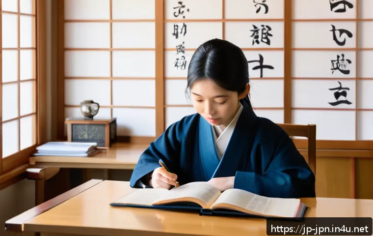 JLPT와 일본어 시험 고급 교재 추천 - A modern Japanese study room scene focused on advanced JLPT preparation: a young Japanese learner si...