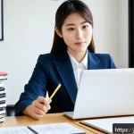 JLPT 자격증으로 일본 정부 공인 직업 취업 - A professional Japanese office scene showing a young foreign woman confidently preparing her resume ...