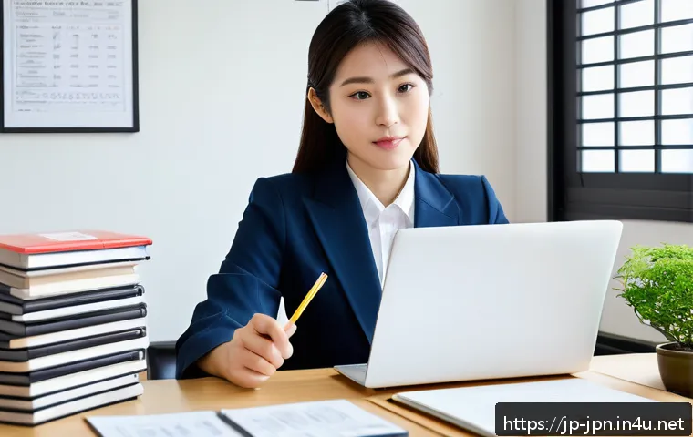 JLPT 자격증으로 일본 정부 공인 직업 취업 - A professional Japanese office scene showing a young foreign woman confidently preparing her resume ...