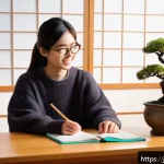 JLPT와 일본어 초급 독해 연습법 - A cozy, modern Japanese study room with a young adult Japanese learner sitting at a wooden desk, sur...