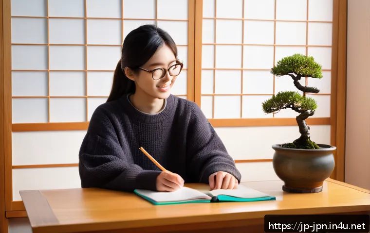 JLPT와 일본어 초급 독해 연습법 - A cozy, modern Japanese study room with a young adult Japanese learner sitting at a wooden desk, sur...