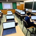 JLPT와 일본 내 자격증과의 학문적 연구 - A modern Japanese classroom scene with diverse adult students studying for JLPT and various professi...