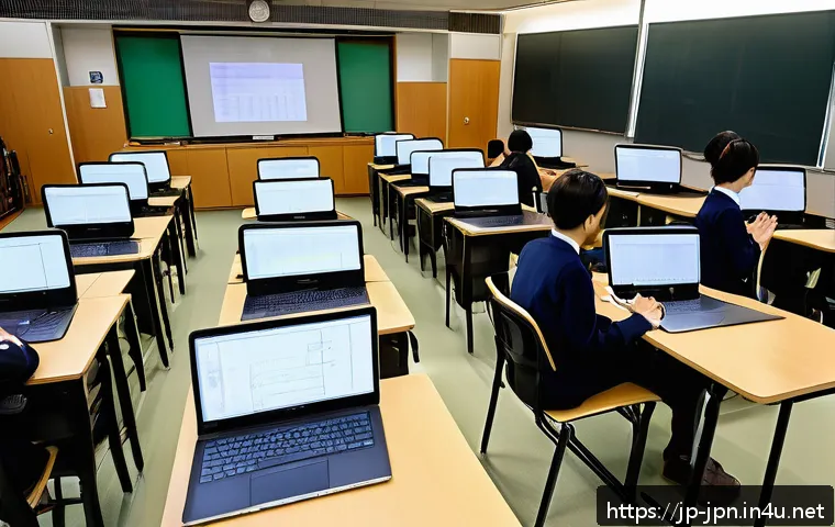 JLPT와 일본 내 자격증과의 학문적 연구 - A modern Japanese classroom scene with diverse adult students studying for JLPT and various professi...