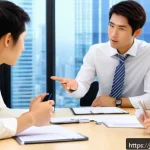 JLPT와 일본 내 자격증과의 학문적 연계 - A modern Japanese office scene showing a diverse group of professionals engaged in a meeting, with a...