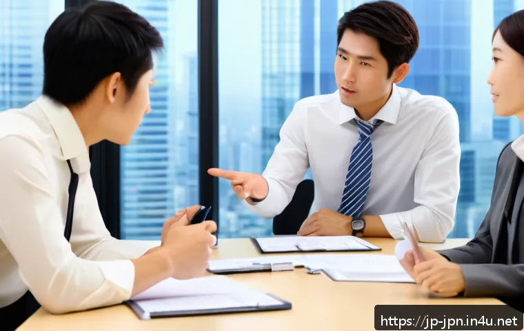 JLPT와 일본 내 자격증과의 학문적 연계 - A modern Japanese office scene showing a diverse group of professionals engaged in a meeting, with a...