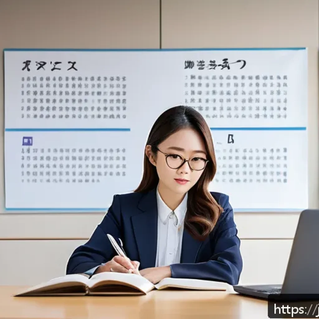 JLPT와 일본 내 자격증 조합 활용 사례 - A professional Japanese woman in business casual attire sitting at a modern desk, studying with text...