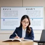 JLPT와 일본 내 자격증 조합 활용 사례 - A professional Japanese woman in business casual attire sitting at a modern desk, studying with text...