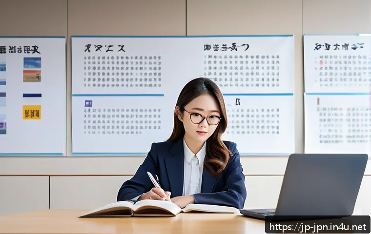 JLPT와 일본 내 자격증 조합 활용 사례 - A professional Japanese woman in business casual attire sitting at a modern desk, studying with text...