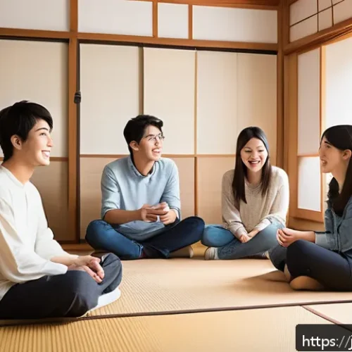 JLPT 취득 후 일본 생활 체험담 - A diverse group of young adults in a cozy Japanese living room, practicing casual conversation with ...