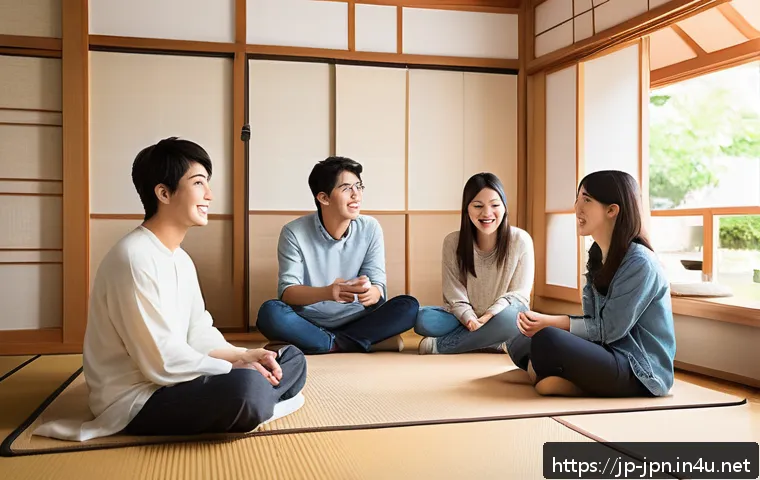 JLPT 취득 후 일본 생활 체험담 - A diverse group of young adults in a cozy Japanese living room, practicing casual conversation with ...
