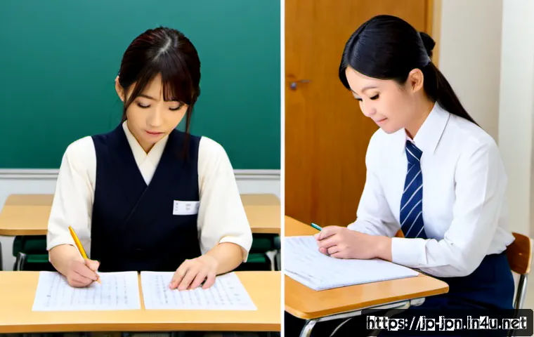 JLPT와 일본어 능력 평가의 실질적 차이 - Photorealistic split-scene comparison: on the left, a Japanese adult seated alone in a quiet exam ha...