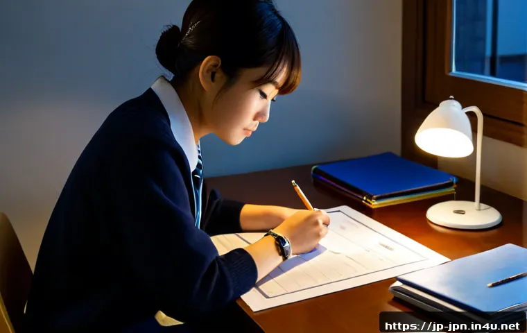 JLPT 시험 응시 전 체크해야 할 주의사항 - Photorealistic Japanese university student at a tidy desk the evening before a language proficiency ...